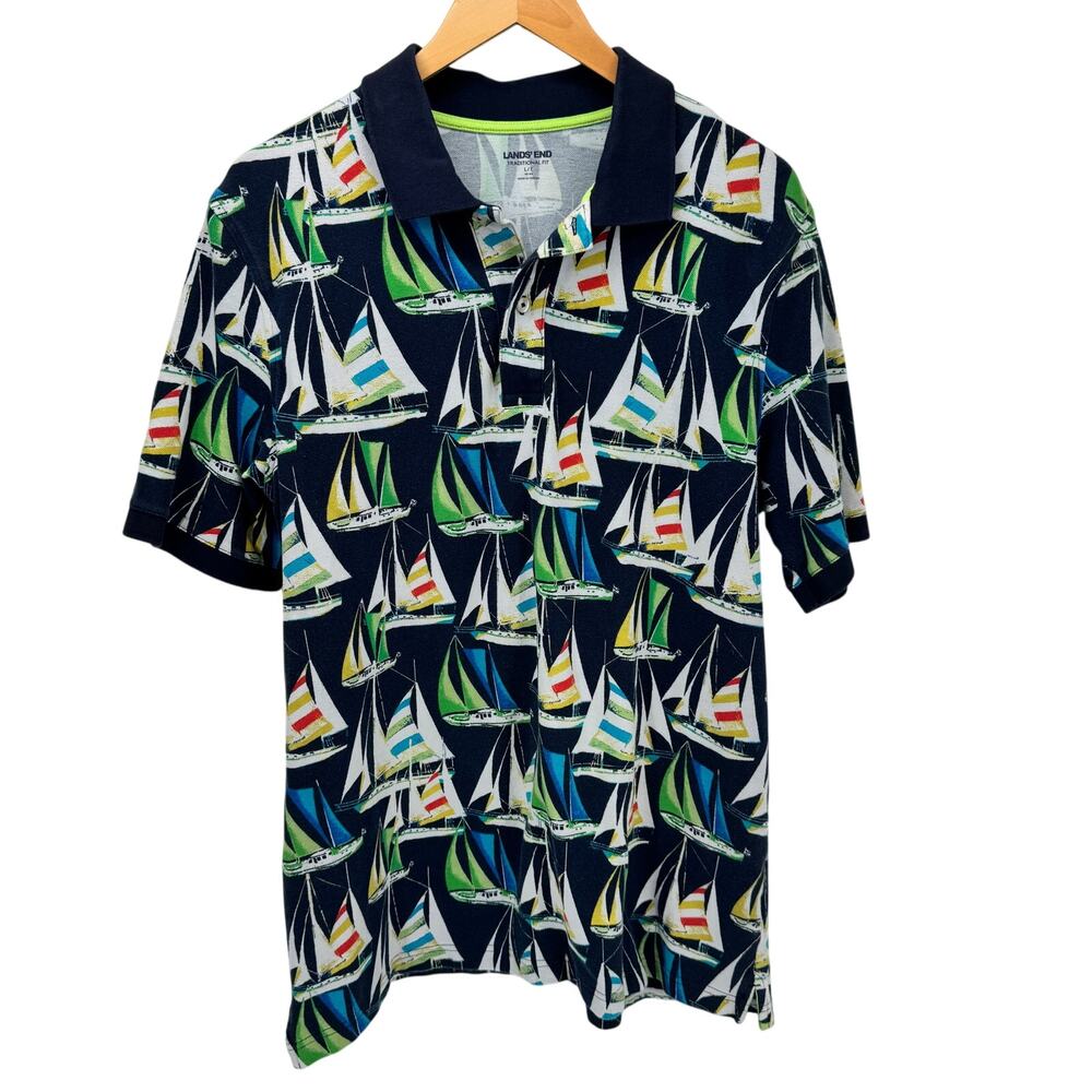 Lands End Polo Shirt Mens Large Blue Sailboat Coastal Nautical Traditional‎ Fit